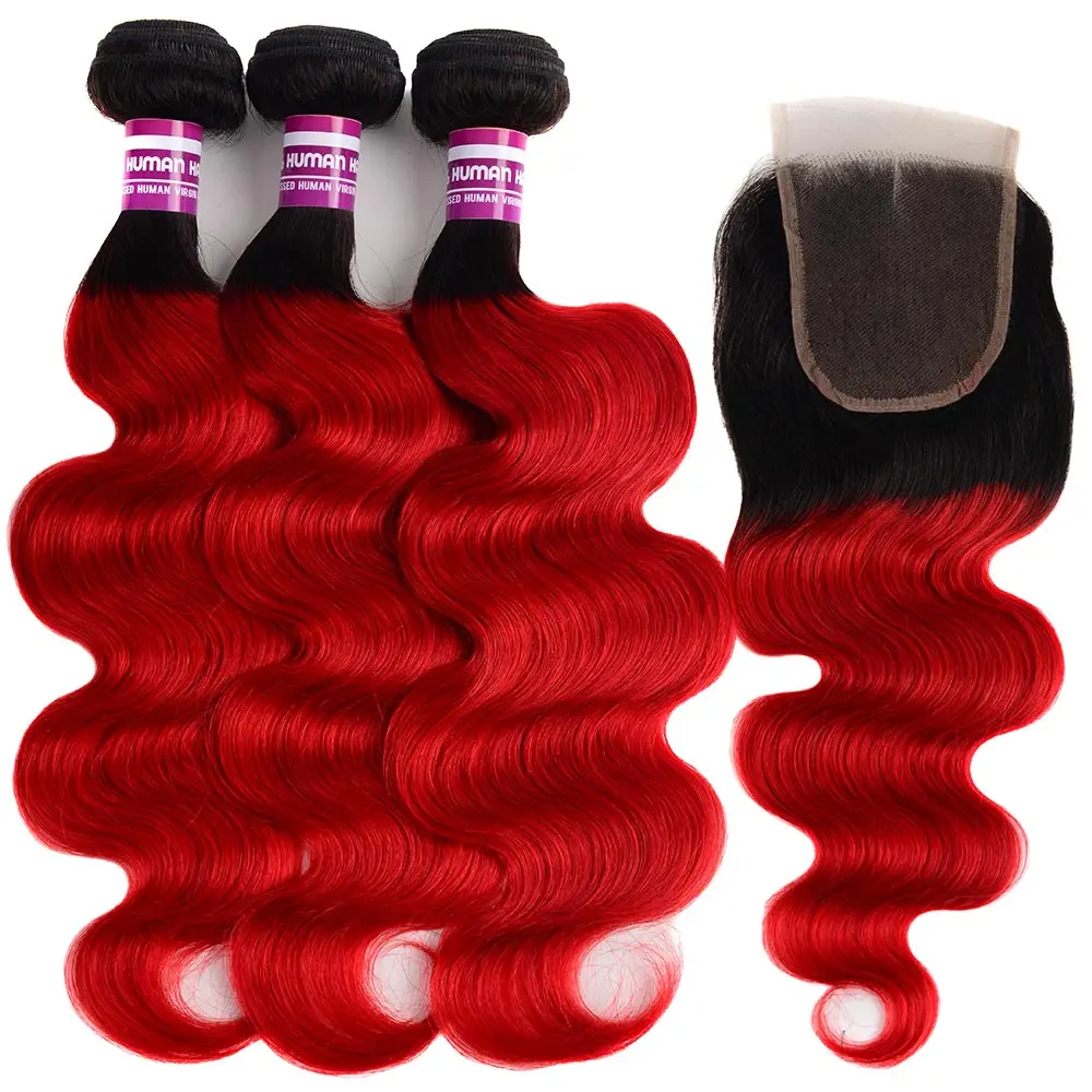 

T1b Red Colored Roots Brazilian Hair Weave Bundles And 4x4 Lace Closure Remy Human Hair Extension Body Wave Bundles With Closure