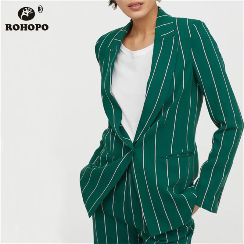 

ROHOPO Women Whiter Vertical Striped Green Blazer Button Fly Notched Collar Slim Office Lady Chic Autumn Outwear #BM2219