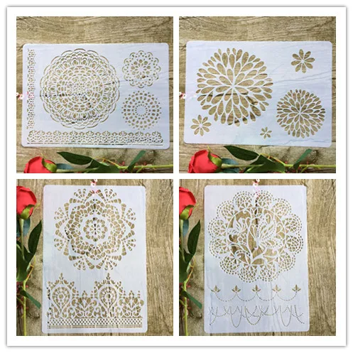 

4pcs/set flowers Mandala A4 DIY stencil wall painting scrapbook coloring photo album decorative paper card template