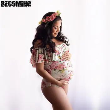 

Maternity Swimsuit Photography Bodysuits Slash Neck Floral Ruffles Maternity Jumpsuits Stretchy Close-fitting Bodysuits