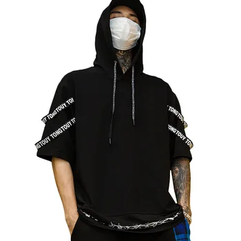 

Men Summer Short Sleeve Loose Casual Ribbons Hooded T Shirt Male Streetwear Hip Hop Print Tshirt Boy Black White Tees Shirts