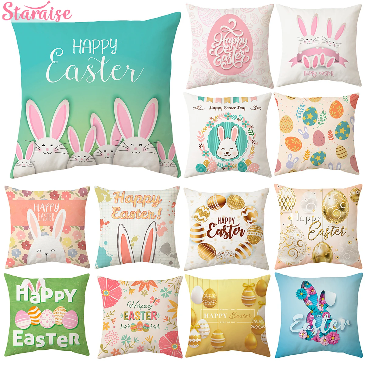 

Staraise 45*45cm Cushion Cover Happy Easter Decorations For Home Bunny Easter Eggs Polyester Pillowcase Rabbit Decor For Easter