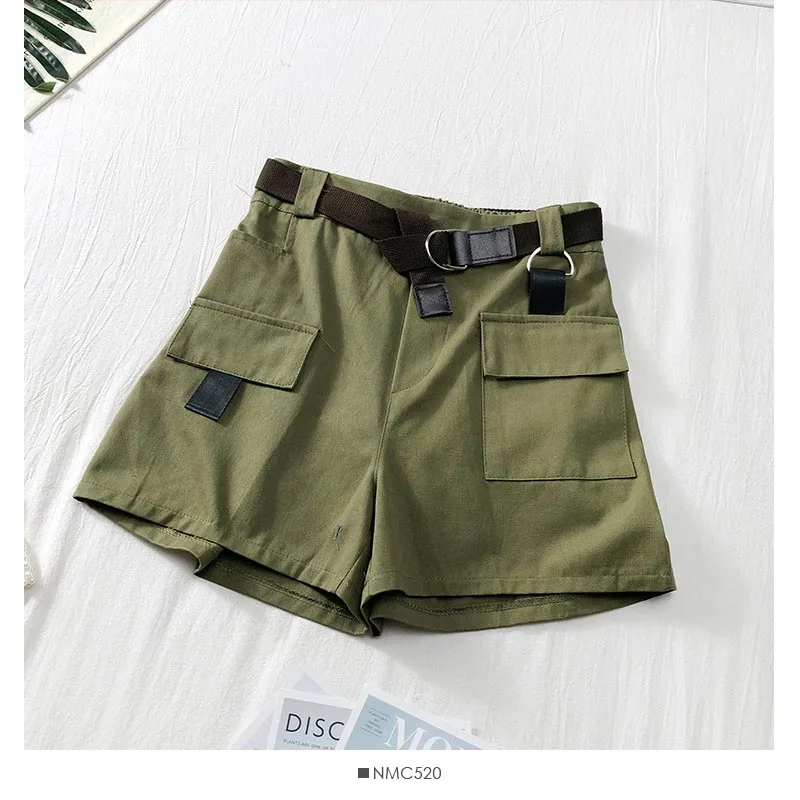 green HELIAR модные карго-шорты Femenino шорты с карманом с пряжкой пояс модные шорты из денима летняя с высокой талией шорты - Цвет: green