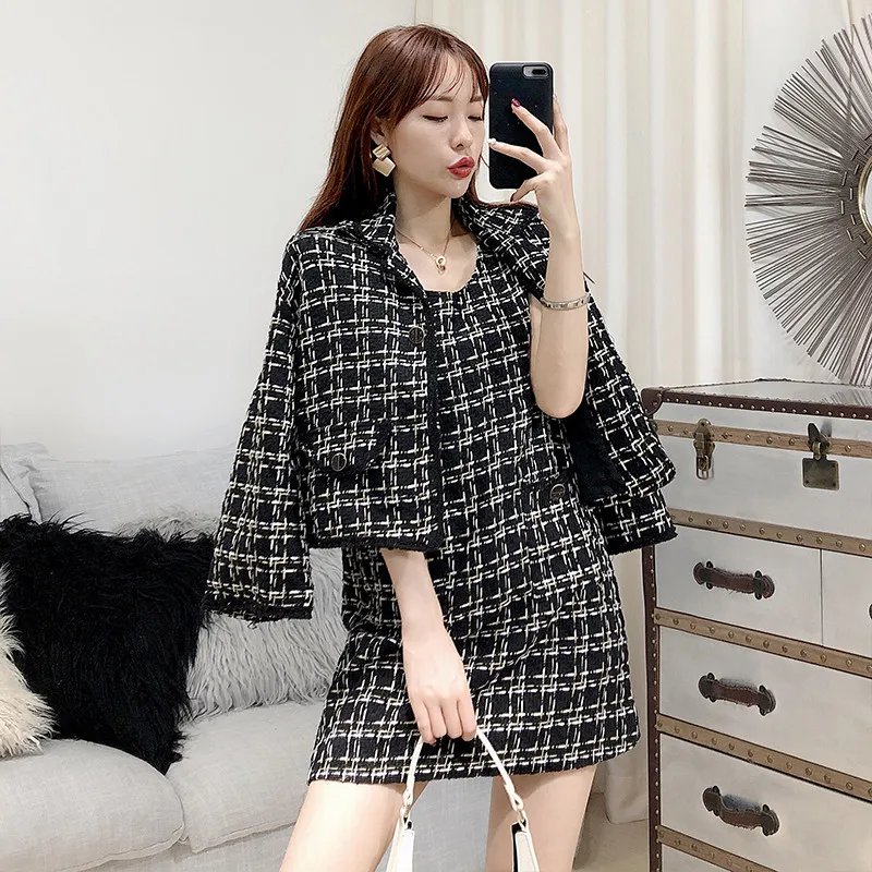

Elegant Ladies 3 Piece Sets Autumn Retro Tweed Jacket Skirt Sets Female Outfits Winter Plaid Vest Dress Three Piece Matching Set