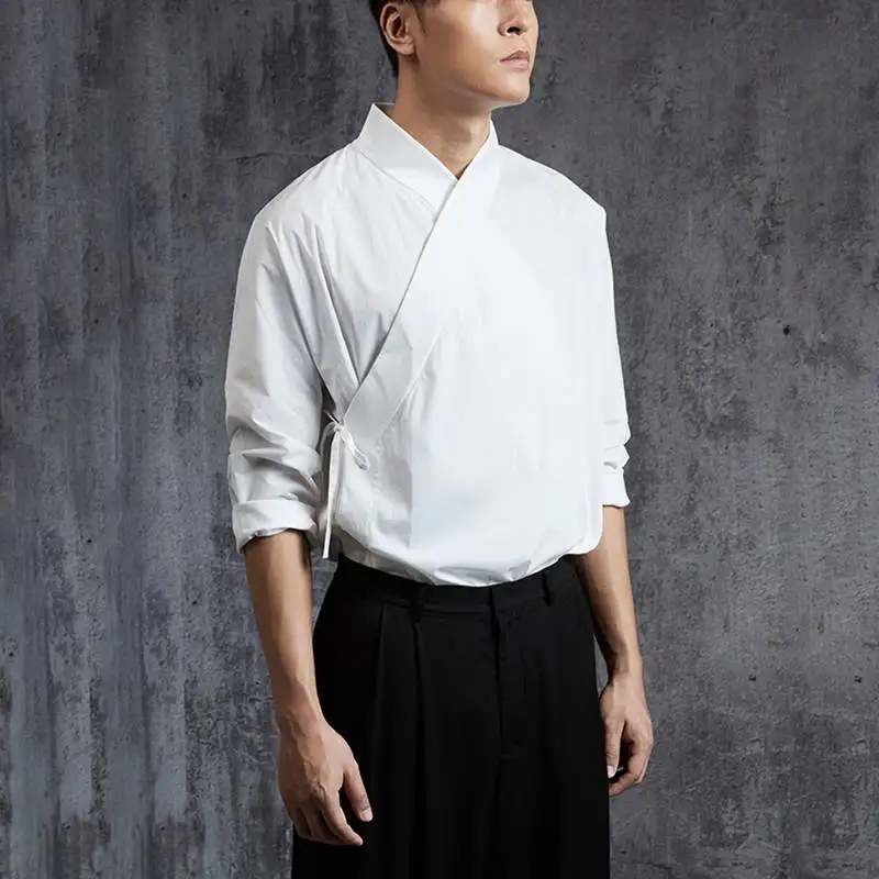 Estilo chinês camisa masculina cor sólida retro