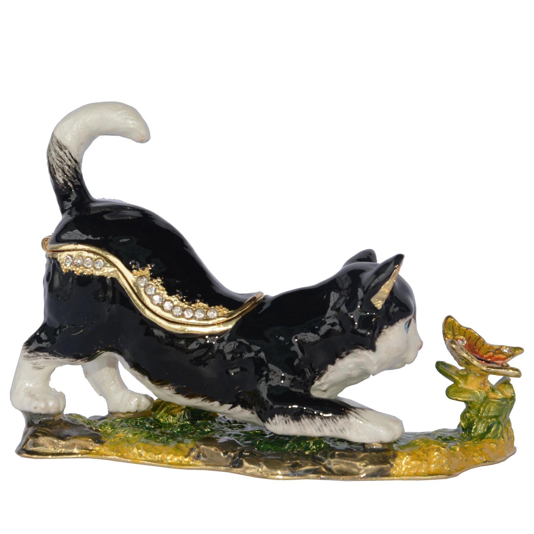 Elegant Butterfly Trinket Box with Cat Figurine - Perfect Collectible Gift