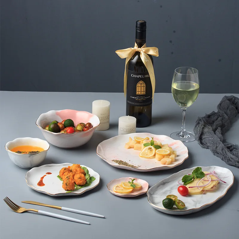 

Elegant Irregular Ceramic Gold Rim Plate Bowl Marble Porcelain Plate Dessert Snack Cake Dish Plate Restaurant Household Plate