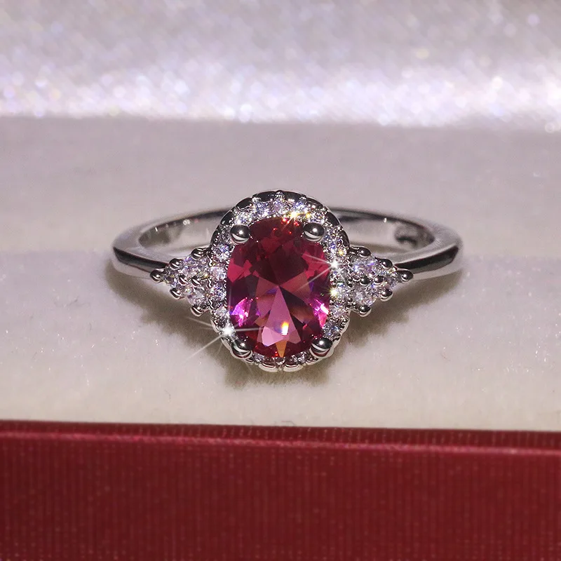 De moda de plata 925 anillos de joyería de forma Oval Zircon rojo piedras preciosas anillo de dedo para las mujeres boda accesorios venta al por mayor