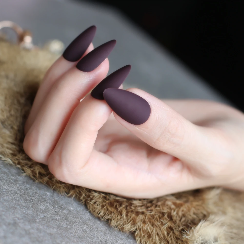 Matte false nails Water droplets wedding nails burgundy stiletto Fake nails blue coffee 28pcs full set nude