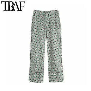 

TRAF Women Vintage Stylish Geometric Pattern Wide Leg Pants Elastic Waist Pockets Loose Female Ankle Trousers Pantalones