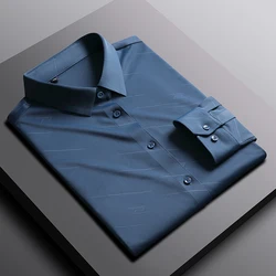 Camisa de moda masculina de manga longa sem emenda em relevo superior S 4XL adequado para escritório de negócios com único botão de linha roupas masculinas