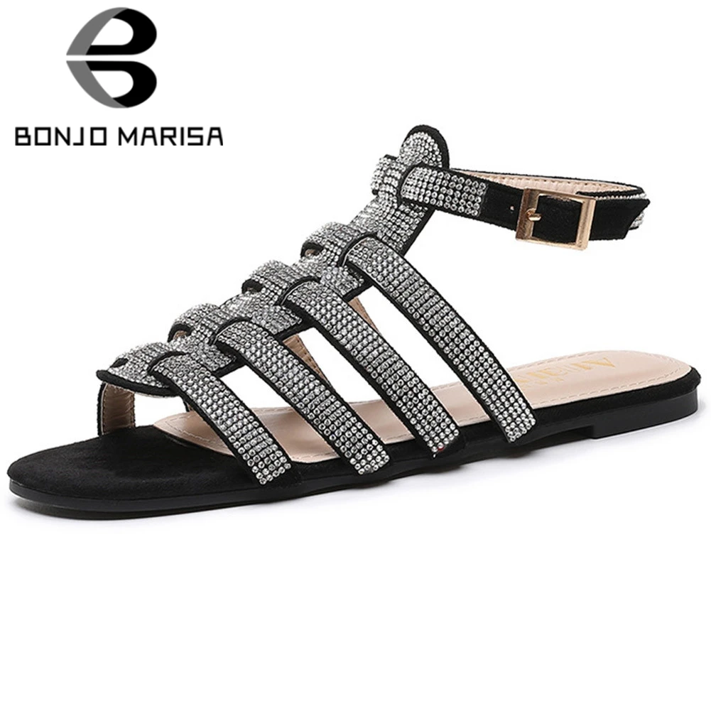 

BONJOMARISA Female Summer Sandals Open Toe Rhinestone Ankle Strap Flat Sandals Women 2020 Gladaitor Classic Shoes Woman