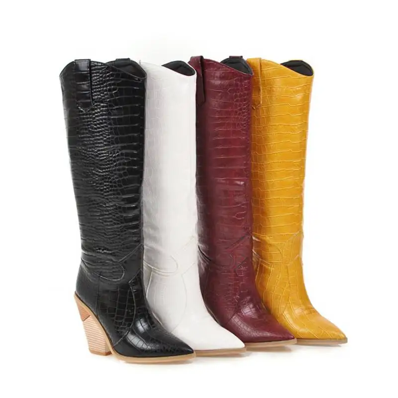 SIMLOVEYO/женские сапоги до колена с острым носком, на квадратном каблуке, из толстой искусственной кожи, в ковбойском стиле, большие размеры 34-48, красный, желтый цвет, повседневная обувь