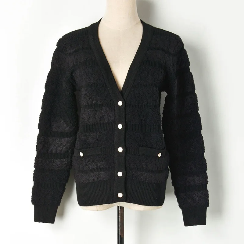 

Luxury Brand Designer Knitted Cardigans for Women V Neck Patchwork Striped Thick Knitted Sweater