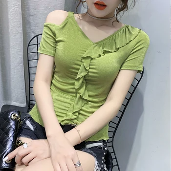 

Summer Korean Clothes T-shirt Fashion Sexy Off Shoulder Ruffles Women Tops Ropa Mujer Cotton Short Shirt Hot Tee 2020 New T03013