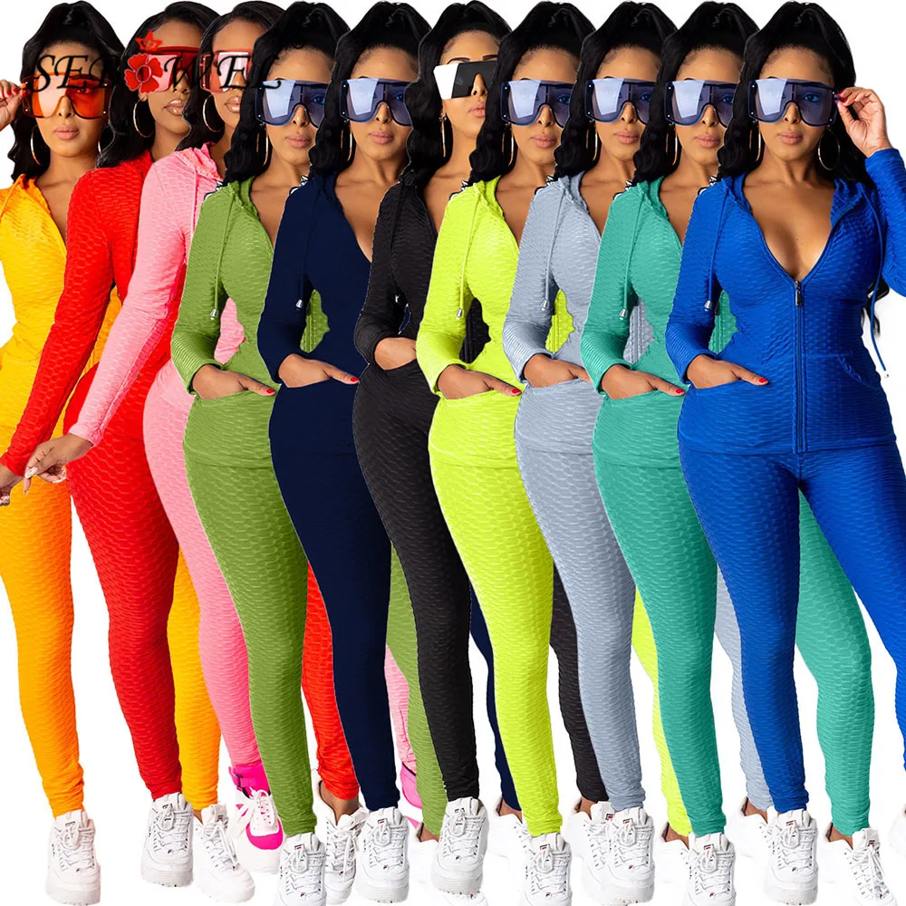 

SEBOWEL 2 Pcs Casual Autumn Women Sets Jacquard Knit Hooded Coat Pants Suit Sports Jogger Tracksuit matching Set Clothes S-XXL