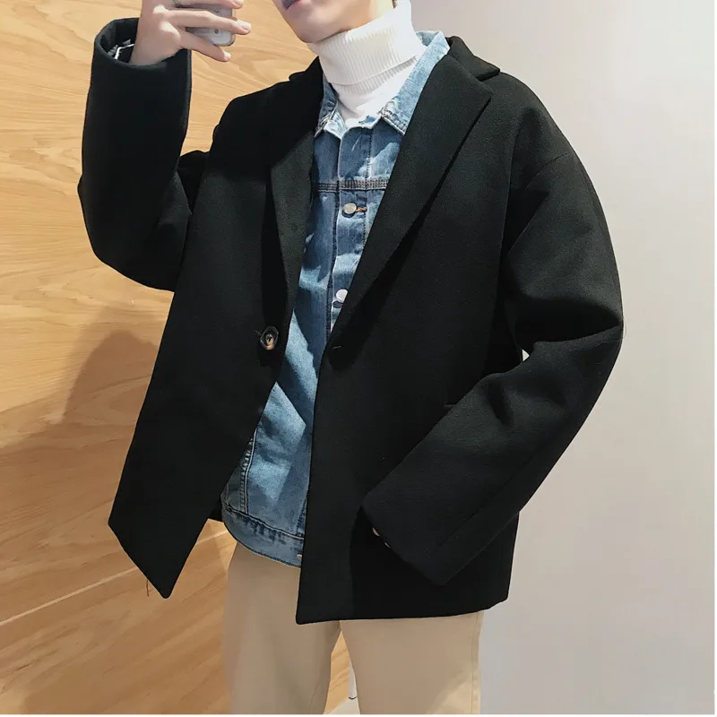 Winter Short Woolen Coat Men Fashion Solid Color Casual British Wind Woolen Jacket Man Loose Cotton Thick Woolen Overcoat Male