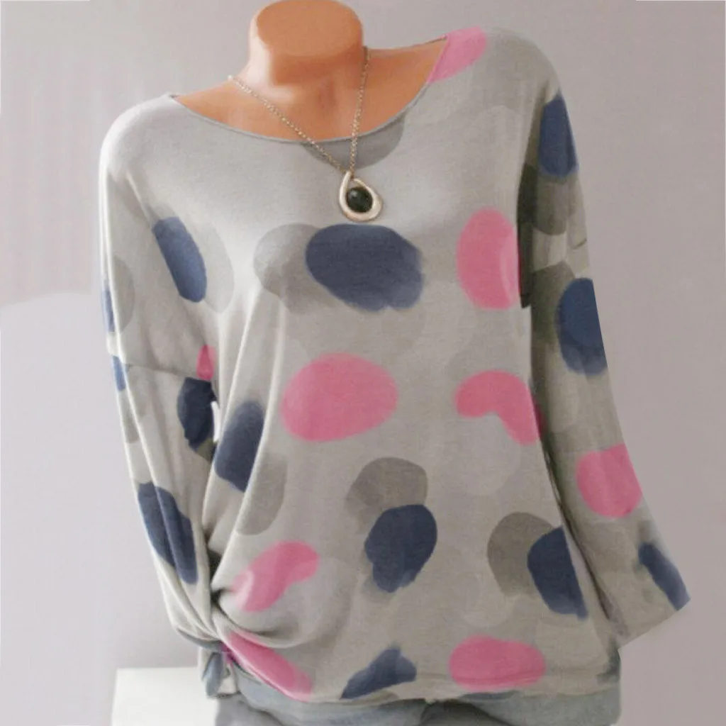 

Plus Size Autumn Fashion Dot Print Blouse Ladies Casual Loose O-Neck Tops Tee Top Female Women Long Sleeve Shirt Blusa Pullover
