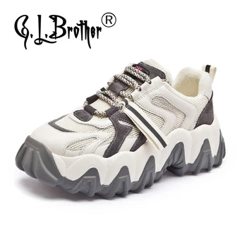 

Autumn Winter Chunky Shoes Geniune Leather Mesh Platform Chunky Sneakers Women 2020 Short plush Sneakers Dames Vulcanize Shoes