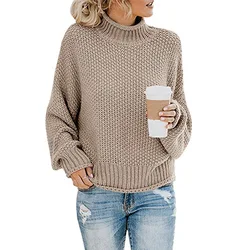 Suéter feminino pulôver manga longa, blusa feminina gola alta moda outono inverno