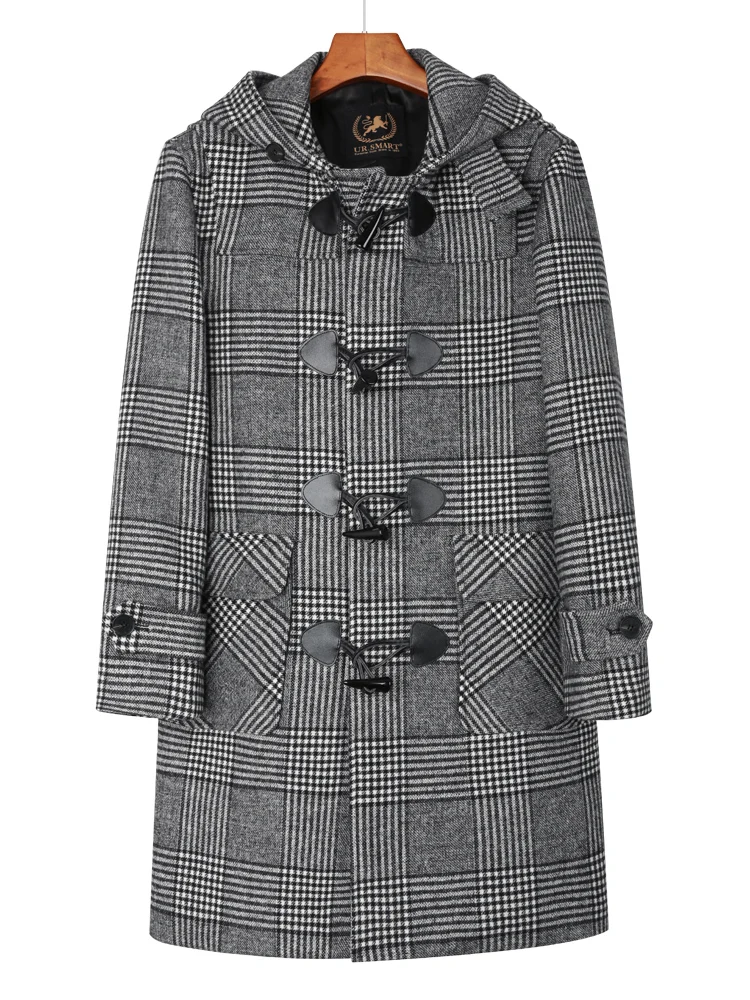 영국 트렌드 후드 크로와상 양모 코트 남자의 두꺼운 따뜻한 겨울 중간 및 긴 남자 캐주얼 코트