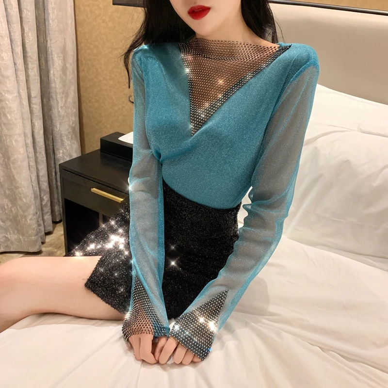 blue tshirt women RealShe, сетчатая женская футболка, круглый вырез, длинный рукав, блестки, открытая футболка, женская футболка,, весенние повседневные Сексуальные вечерние футболки для девушек - Цвет: blue tshirt women