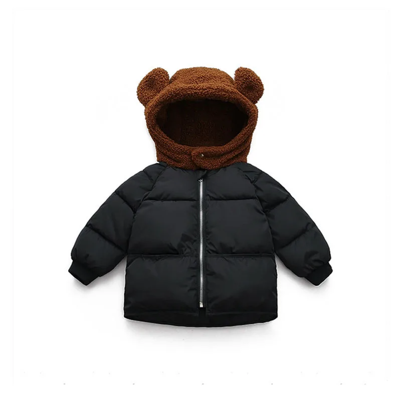 Детская зимняя куртка детские осенне-Осенние теплые куртки Одежда для маленьких мальчиков и девочек Хлопковое пальто с капюшоном и милым медведем для малышей, верхняя одежда - Цвет: Black