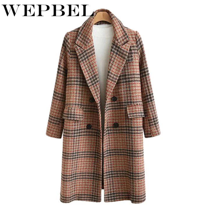 WEPBEL, Женское шерстяное пальто, куртка, смесь, длинный рукав, Британия, в клетку, повседневная, модная, новинка, осень, зима, длинная, женская верхняя одежда