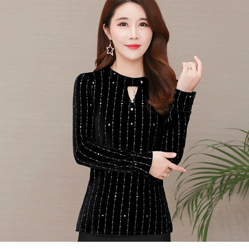 Blusas mujer de moda Осень Длинные рукава бархат в винтажном стиле, в полоску, блузка, женские рубашки, плюс размер, Женские топы и блузки XXXL