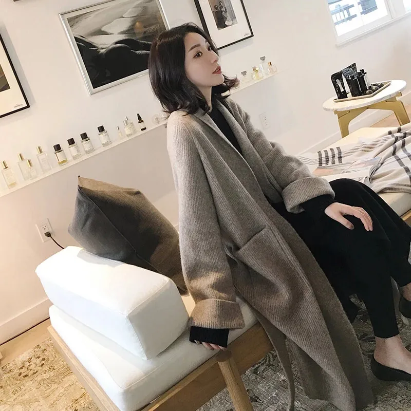 

Autumn and Winter Long Knitting Loose Trench Coat Women Lazy Style Black Cardigan Temperament Windbreaker Overcoat
