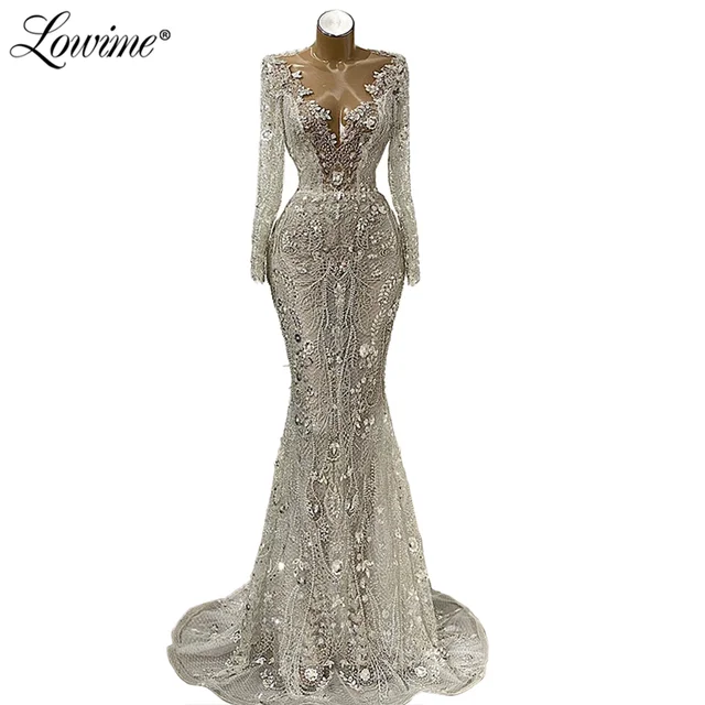 2021 Newest Customized Silver Evening Dresses See Through Long Sleeves With Beaded Muslim Dubai Party Gowns Robes Prom Dress 2