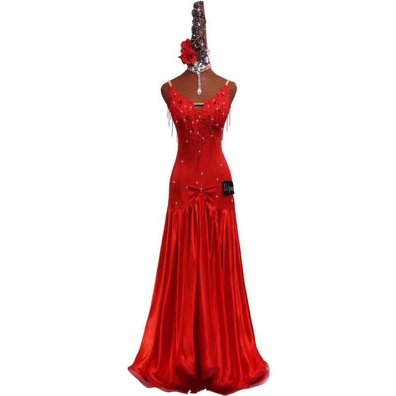 Ballroom Dance Standard Skirt Competition Costumes Performing Dress Customize Adult Kids Red Embroidered