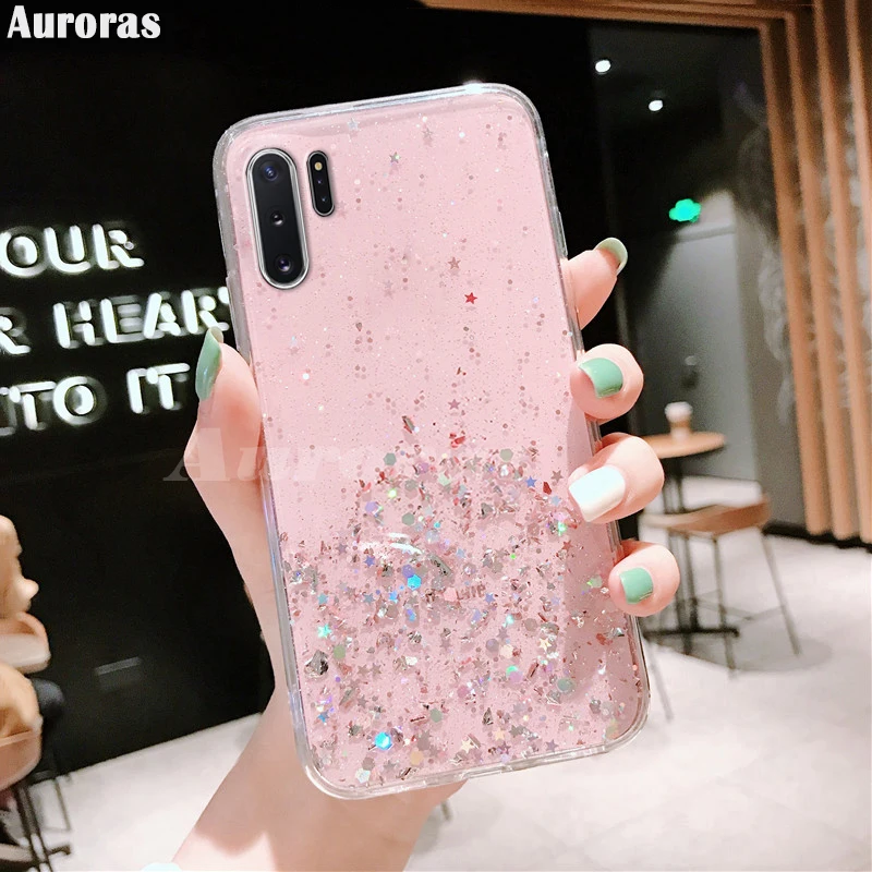 Auroras для samsung Galaxy Note 8, 9, 10 Plus, блестящий чехол с блестками, звездное небо, прозрачный, мягкий чехол, полная звезда, луна - Цвет: Pink (Without Ring)