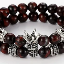 8 мм 2 шт./компл. tg235 Эластичный регулируемый натуральный красный тигровый шарик микро проложить cz Циркон кубический цирконий Шарм макраме браслет с короной