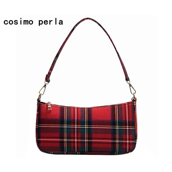 

French Retro Red Plaid Ladies Baguette Bag PU Leather Fashion Shoulder Bag for Women Small Handbag 2020 Luxury Underarm Purse