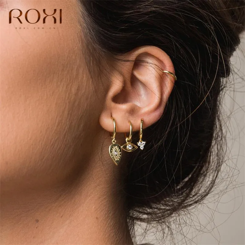 ROXI Модные для ушей серьги-гвоздики женские в стиле панк сглаз круглые серьги-гвоздики для женщин ювелирные изделия из стерлингового серебра 925 пробы Boho серьги в форме листа