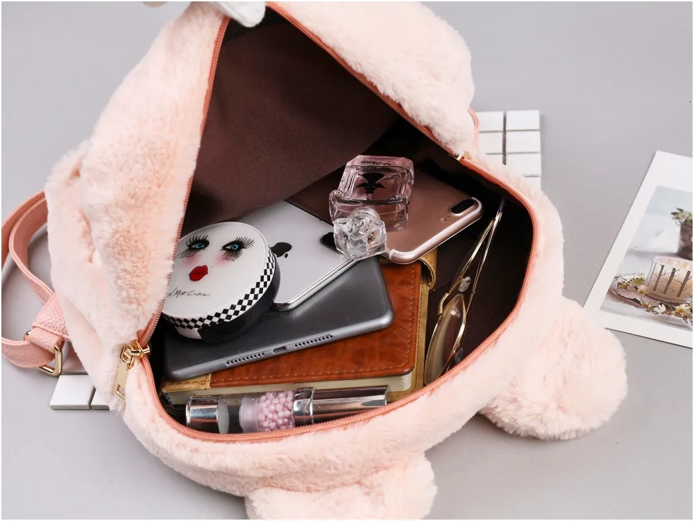 Зимний милый мягкий милый рюкзак в Корейском стиле с милыми пушистыми заячьими ушками, рюкзак черного и розового цвета, школьная сумка в виде кролика
