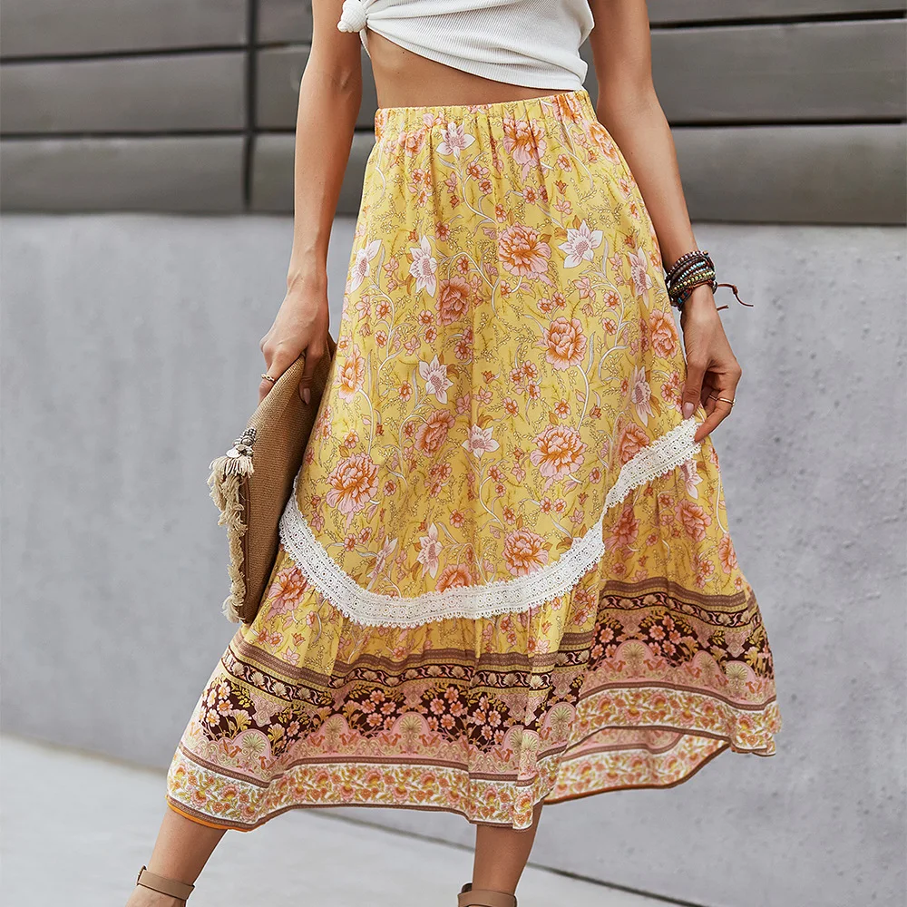 KHALEE YOSE Floral printed midi Skirts Boho Vintage Women Sexy Pleated ...