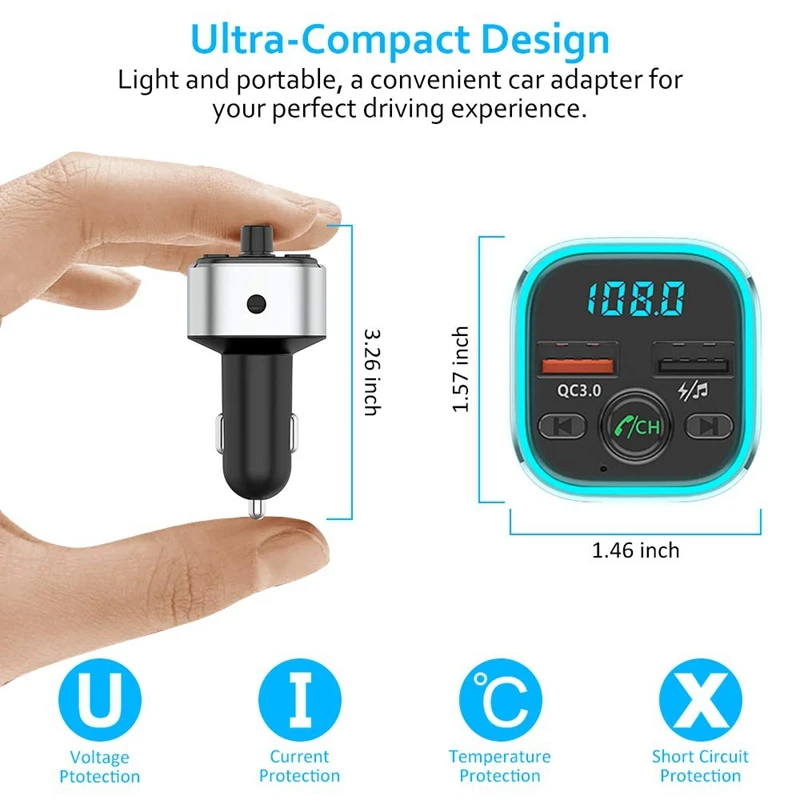 Bluetooth fm-передатчик для автомобиля, 6 цветов светодиодный беспроводной fm-радиопередатчик С Подсветкой Bluetooth автомобильный адаптер с зарядкой QC3.0