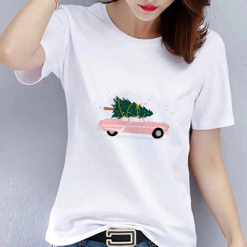 

New Fashion Women T-Shirt Christmas Tree Pink Car T-shirt Warm Wishes New Year Merry Christmas Tee Shirt Drop Ship Tops