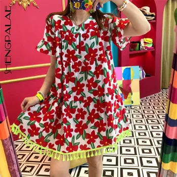 

SHENGPALAE 2020 New Summer Women Vintage Loose High Waist Slim Was Thin Elegant Printed Tassel O-neck Mini Dress ZA3520
