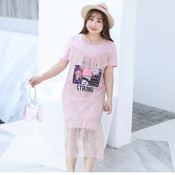 

Women's summer solid color lace fake two-piece dress plus size plus size calf length casual dress 100 kg can wear