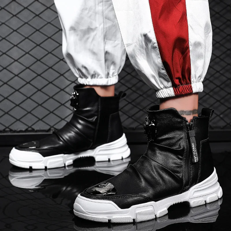 

Spring New Style Western Style Street Casual Shoes Trend Elevator Hair Stylist Leather Boot Tiger Head Cool Hight-top Leather Sh