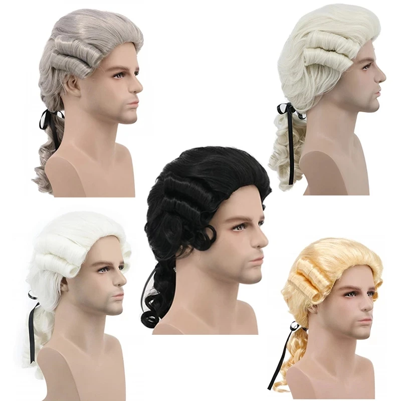 Grey White Black Lawyer Judge Baroque Curly Male Costume Wigs Deluxe Historical Halloween Long Synthetic Cosplay Wig + Wig Cap