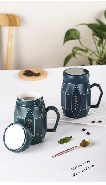 ENERGE SPRING 550ML Ceramic Coffee Mug Large-Capacity Office Coffee Cup  Nordic Mirror Lid Mug Bone China Lovers Cup