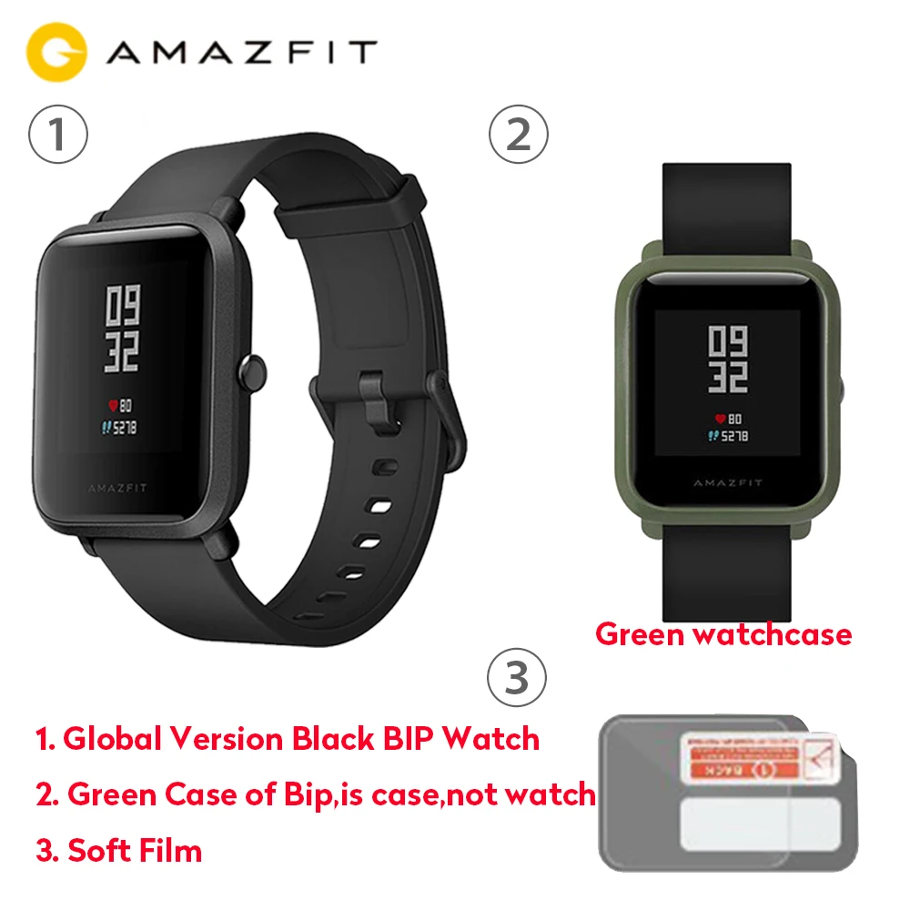 Официальные Смарт-часы Amazfit Bip, gps, умные часы, 45 дней в режиме ожидания, монитор сердечного ритма, будильник, вибрация, IP68, водонепроницаемые, напоминание о звонках - Цвет: Black add Green Case