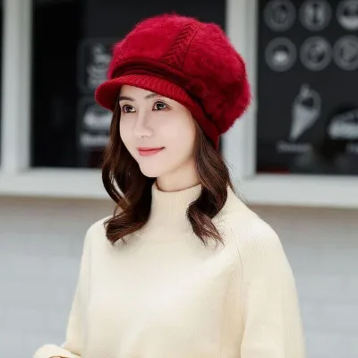 SUOGRY/осенне-зимняя шапка-берет из кроличьего меха; вязаная шапка для женщин; однотонная Модная женская кепка - Цвет: wine red