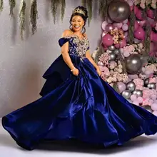 

Vintage Dark Blue Satin Quinceanera Dresses 2022 Sexy Off the Shoulder Corset Dress Ball Gown Lace Appliques for Sweet 16 Year