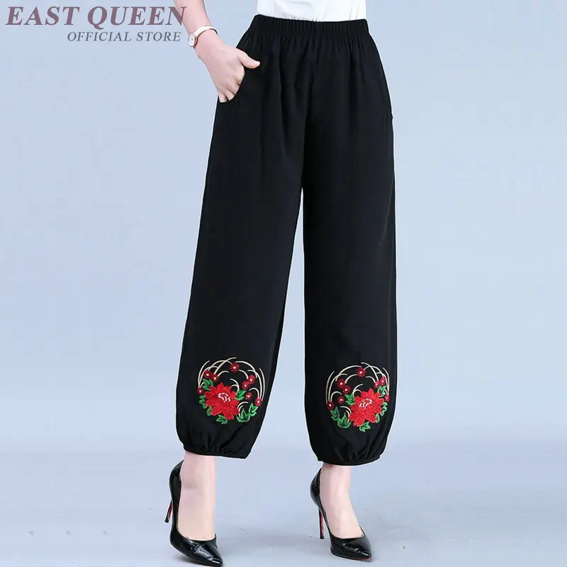 Широкие брюки для женщин старшего возраста, черные шаровары из хлопка и льна с высокой эластичной талией, Капри с вышивкой, онлайн Китайский магазин TA1783