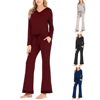 

Women Loose Modal Pajamas Set Long Sleeve V-Neck Pullover Top Drawstring Flared Bell-Bottom Pants Solid Lounge Sleepwear
